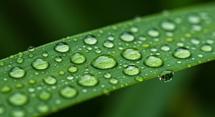 Luminescent dew adorns a vibrant green leaf