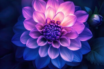 Obraz premium Close-up of a vibrant dahlia, showcasing a gradient of purple, pink, and blue petals. Soft focus highlights the flower's intricate center