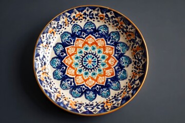 Obraz premium A round decorated ceramic plate with an intricate floral design on a dark gray surface