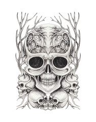 Skull surreal art design by hand drawn on paper.