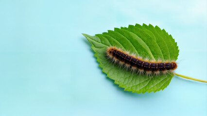 Fototapeta premium A furry caterpillar on a green leaf against a light blue background. Copy space. A cute bug. A colorful insect.