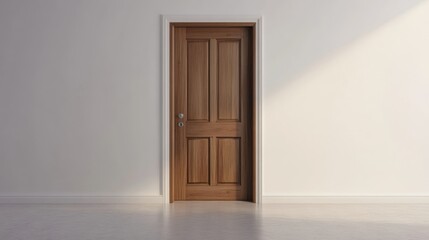 Modern minimalist wooden door in white hallway