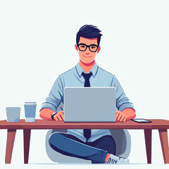 Cartoon Illustration of a Young Man Using a Laptop at a Table Casually with a Glass of Coffee