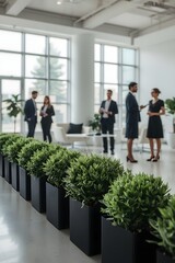 Modern office environment with corporate employees networking and having informal discussions surrounded by potted green plants, symbolizing sustainability and business collaboration.

