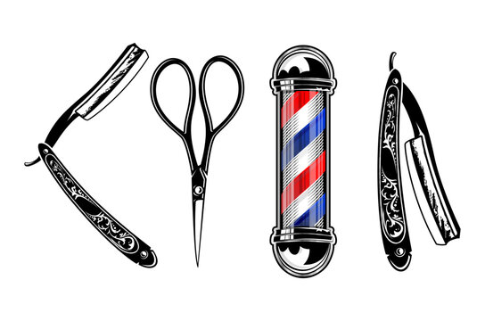 Barbershop vector design featuring vintage elements and a traditional barber pole Scissors razor