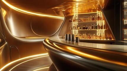Fototapeta premium Golden, futuristic bar with curved walls. Sleek, illuminated interior
