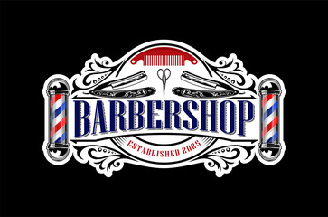 Classic barbershop logo design featuring vintage elements and a traditional barber pole. Scissors and razor element.