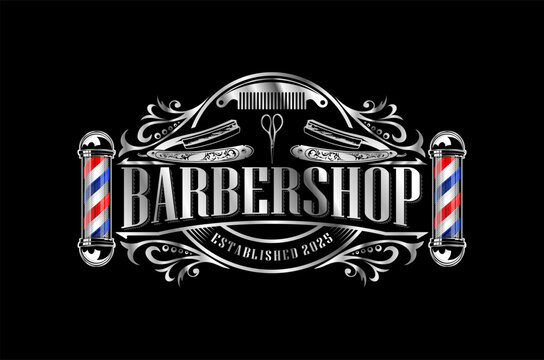 Classic barbershop logo design featuring vintage elements and a traditional barber pole. Scissors and razor element.