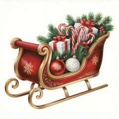 Vintage Wooden Sleigh with Gifts &ndash; Festive Candy Canes and Baubles 