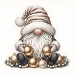 Whimsical Gnome with Golden Baubles &ndash; Snowflake Hat and Garlands 