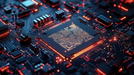 Obraz premium Close-up of a complex circuit board with a central processor chip highlighted by glowing red/orange lights. Intricate network of electrical components