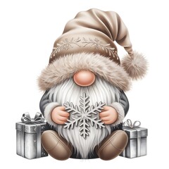 Whimsical Gnome Holding Snowflake &ndash; Beige Hat and Silver Gifts 
