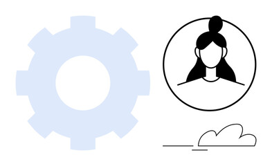 User avatar in a circle beside a blue gear with a minimalistic cloud design. Ideal for technology, personalization, innovation, user interface, teamwork, digital identity, modern design. Simple flat