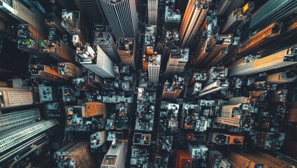 Aerial view of a dense city center.  High-rise buildings clustered together