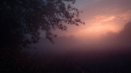 霧に覆われた夕日の景色