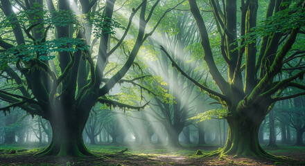 Magical ancient forest with sunbeams shining through the misty canopy onto large mossy trees