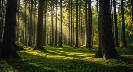 Obraz premium Sunlit Mossy Forest Floor: Golden Rays Illuminate Ancient Trees