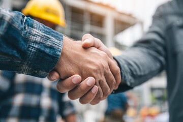 Two people in work attire shake hands at a construction site