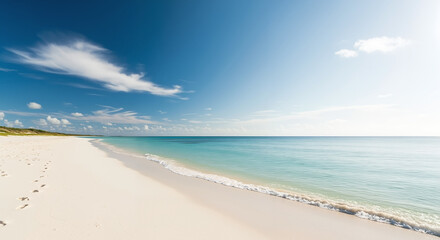 Fototapeta premium Idyllic tropical paradise beach with footprints on white sand and calm turquoise ocean