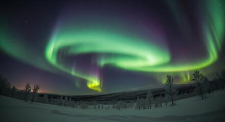 Vibrant green and purple Aurora Borealis dancing in the starry night sky over a serene, snow-covered winter landscape