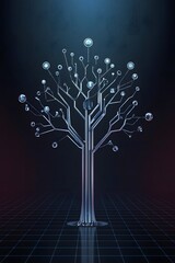 Abstract digital tree made of network connections and data nodes on a dark futuristic background, symbolizing artificial intelligence, innovation, growth, and technology systems


