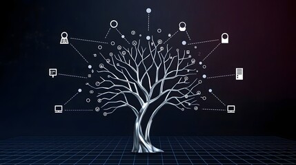 Abstract digital tree made of network connections and data nodes on a dark futuristic background, symbolizing artificial intelligence, innovation, growth, and technology systems

