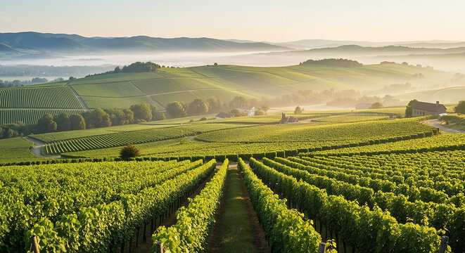 Lush green vineyard on rolling hills with morning fog at golden sunrise in a scenic wine region