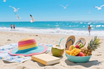 Naklejka premium Tropical beach picnic with fruit, book, coconut drink, and summer hat