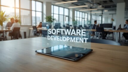 Modern office workspace showcasing digital tablet with holographic text "Software Development," highlighting innovation, programming, and advanced technology in development environments

