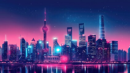 Obraz premium A vibrant, stylized cityscape at night, bathed in neon pink and blue hues