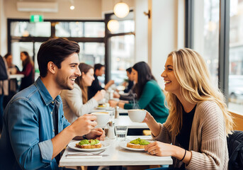 A young man and woman, both in their early 20s, share a joyful conversation over coffee and avocado toast at a bright cafe