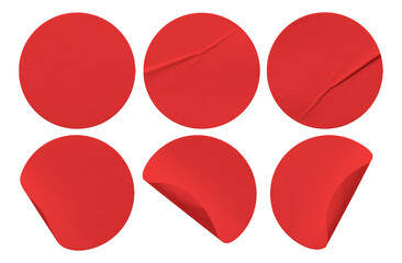 collection of red mockup round crumpled stickers, white paper, adhesive or labels, wrinkled plastic...