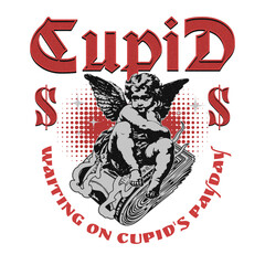 Cupid and Payday: A whimsical illustration of Cupid contemplating money.
