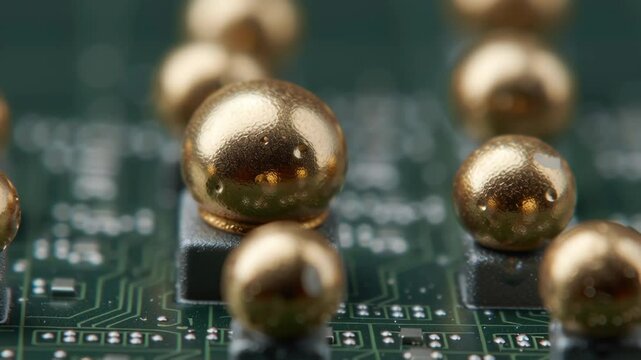 Golden spherical components circuit board design highlight intricate CPU connections close up electronic technology with metallic