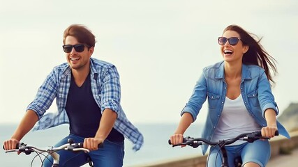 Sunny Vacation Ad of young couple cycling outdoors on a sunny summer day