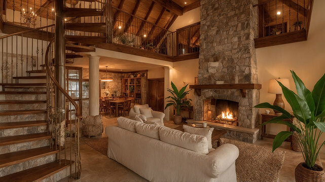 Luxurious interior design features spiral staircase fireplace and open living area in a beautiful home