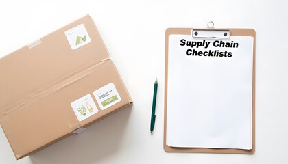 Brown cardboard box beside clipboard with supply chain checklists and green pen on white background