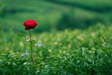 A single red rose stands tall in a field of green with a blurred background