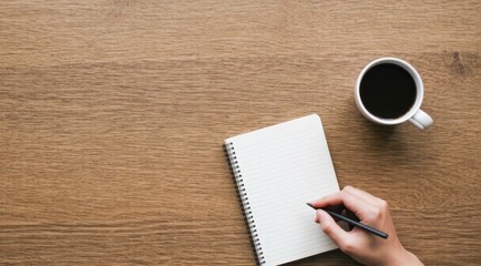 Notepad on desk with coffee, ready for notes or creative writing.