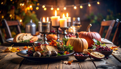 Naklejka premium Autumn Equinox Feast Table with Seasonal Bounty . Autumn Equinox Day concept. Generated Image