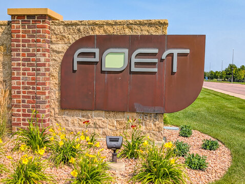 Sioux Falls, South Dakota, USA - 7.12.2025: Selective focus on the entrance sign at Poet headquarters
