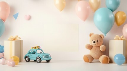 Obraz premium kid's birthday with toy car and teddy bear illustrations on cream background