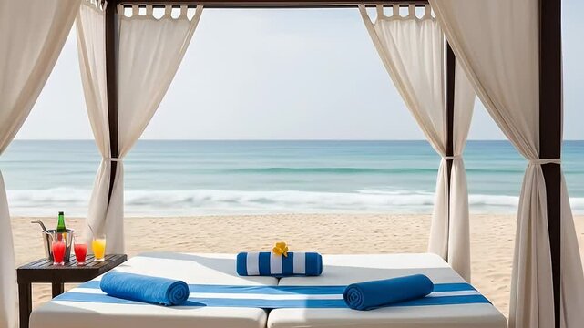Sunny Vacation Web Ad of luxury cabana with oceanfront lounge chairs under canopy