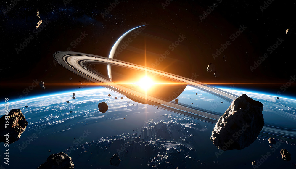 Wall mural ringed planet with icy surface and glowing sun in space with floating asteroids creating dramatic co