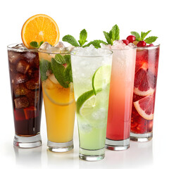 Colorful Refreshing Cocktails with Garnishes on an Elegant White Background