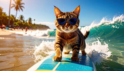 Cat surfing on a colorful board at a sunny beach filled with palm trees and people enjoying the summer day