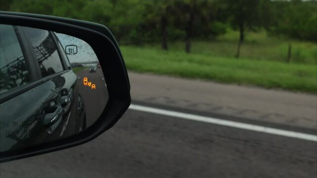 View of the car’s outside side mirror while driving, with the blind spot warning light glowing. Safety alert signals a vehicle in the blind zone during lane change