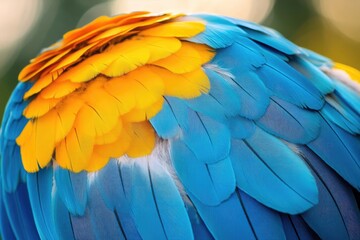 Fototapeta premium Close-up of vibrant parrot feathers. Bright yellow and vivid blue plumage. Detailed texture