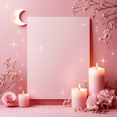 Pink empty blank sign with roses, candles and moon.
