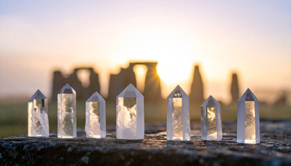 Crystal Grid Ritual at Stonehenge Sunrise. Autumn Equinox Day concept. Generated Image